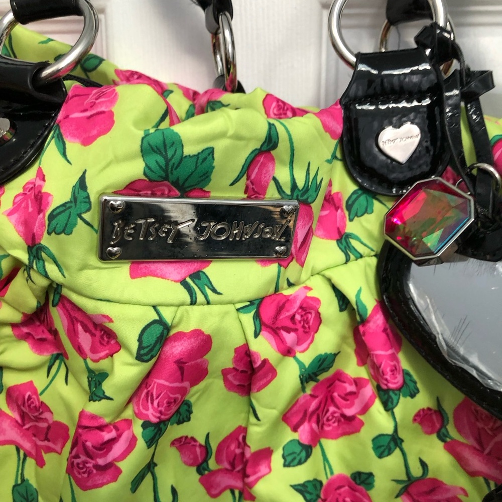 Betsey Johnson Floral Tote Bag Large Black Trim Pink Roses Neon - Picture 5 of 16